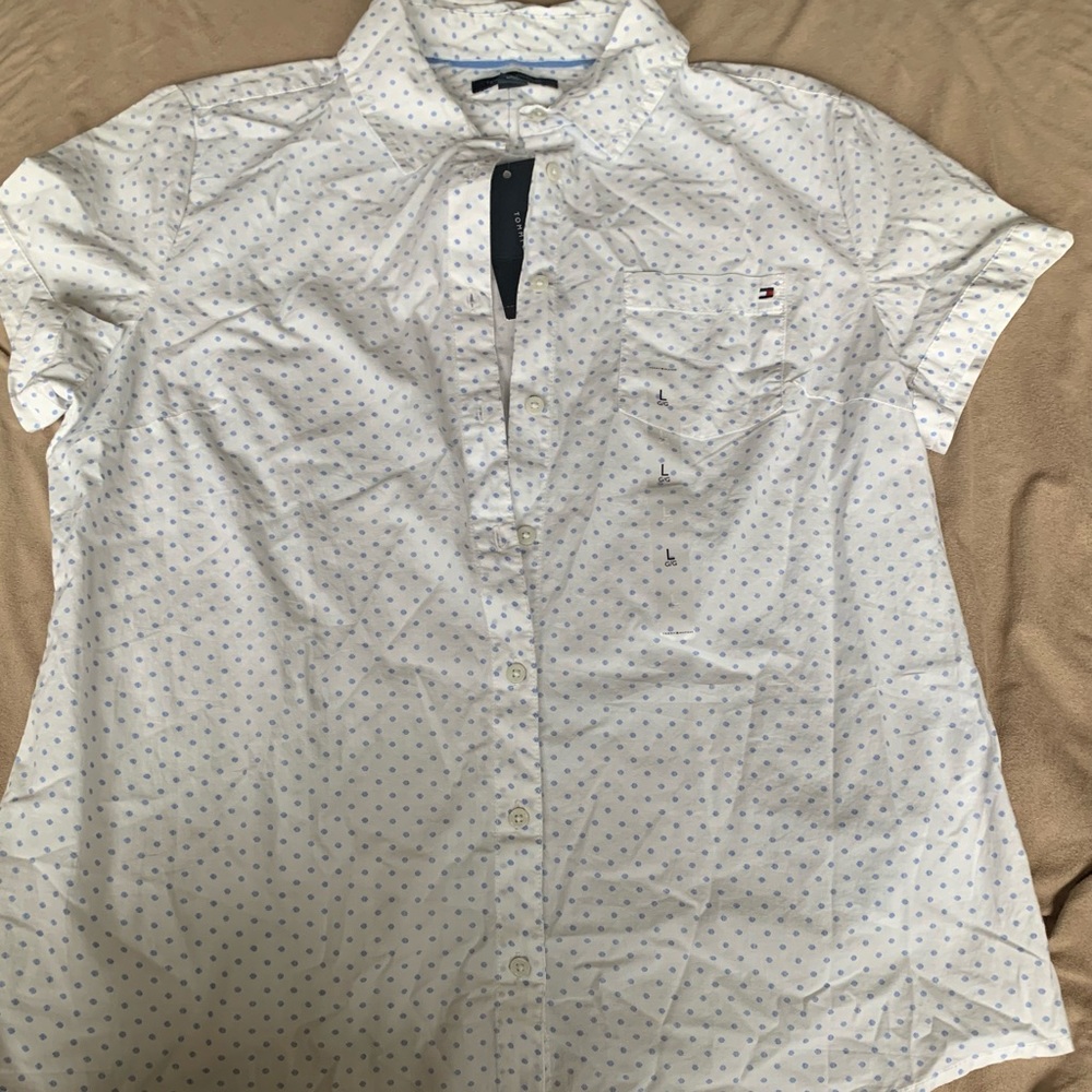 Tommy Hilfiger white button down with blue polka dots